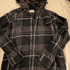 American Eagle Outfitters Gray & Black Plaid Hooded Shirt Jacket